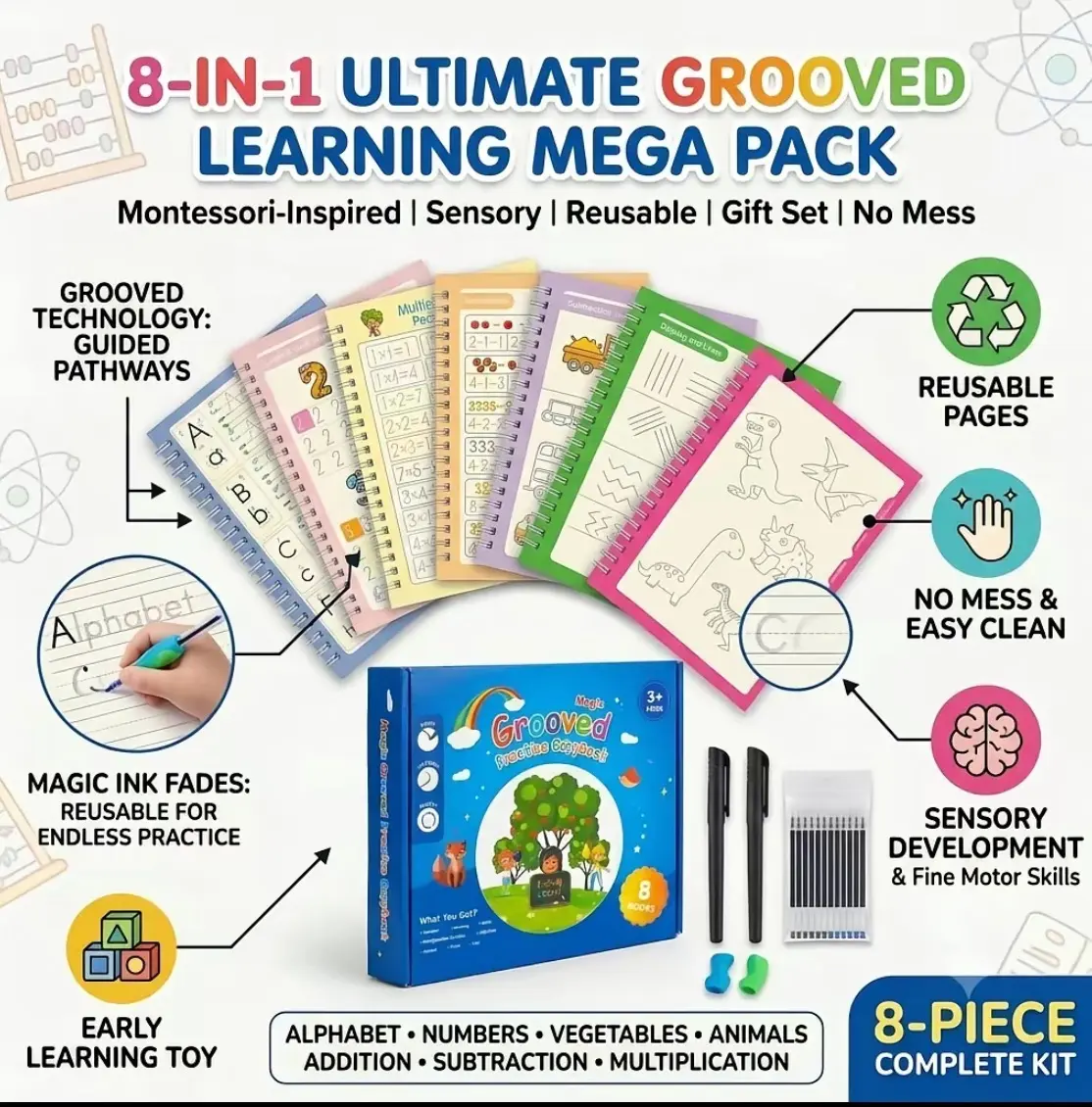8-in-1 Grooved Path Montessori Handwriting Aid Copybook for Kids Ages 3-5, Reusable Pages Montessori Toys, Includes Pen Set (2 Pens, 10 Refills, 2 Pencil Grips) with Auto-Fading Ink, Preschool Educational School Supply, Groove Paths