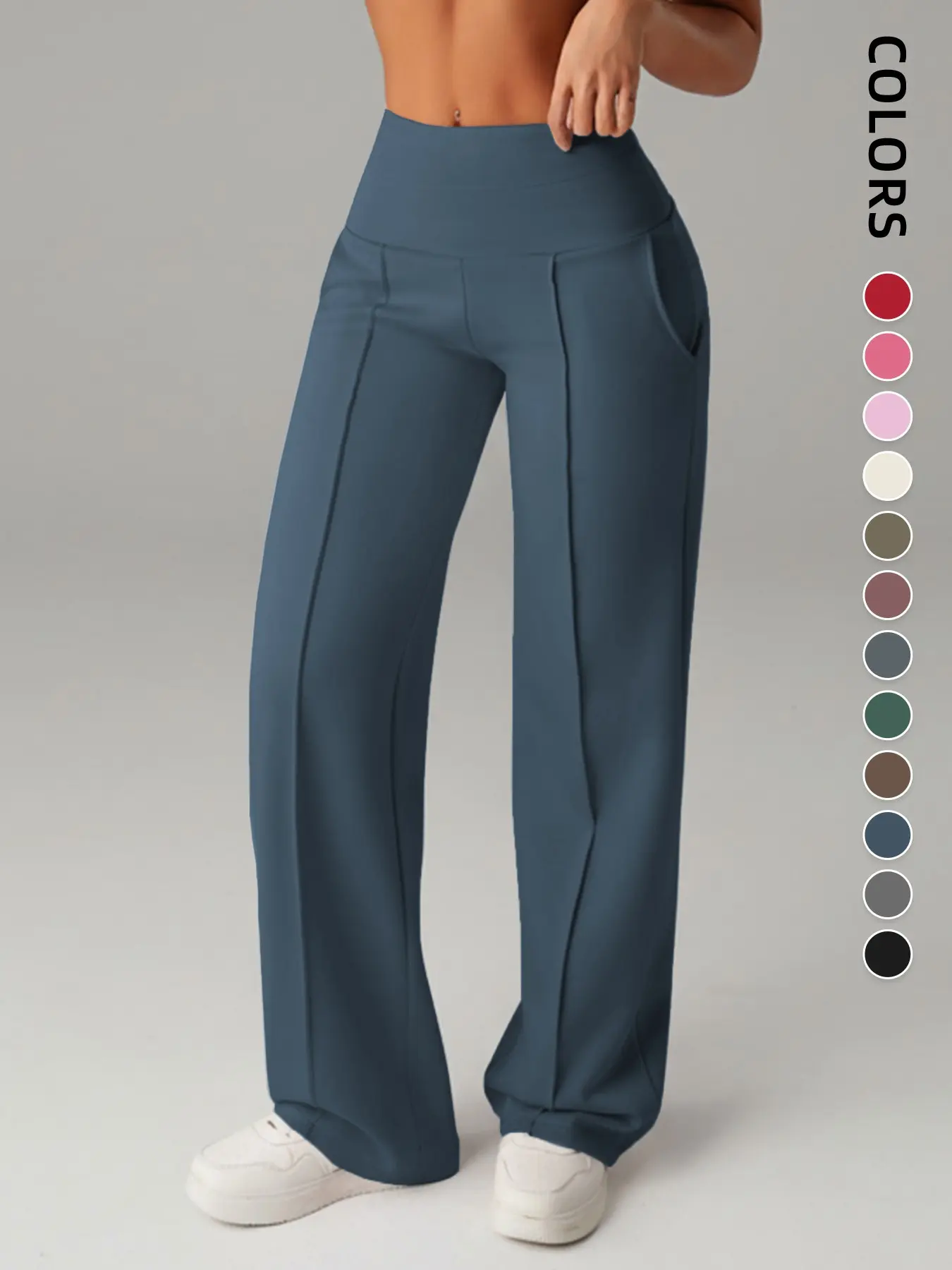 Women's Mid-Waist Elastic Wide Leg Pants, Casual Sporty Style, Comfortable Side Pockets, Multi-Functional Spring & Fall Wear, Everyday, Womenswear, Casual Fashion Bottoms