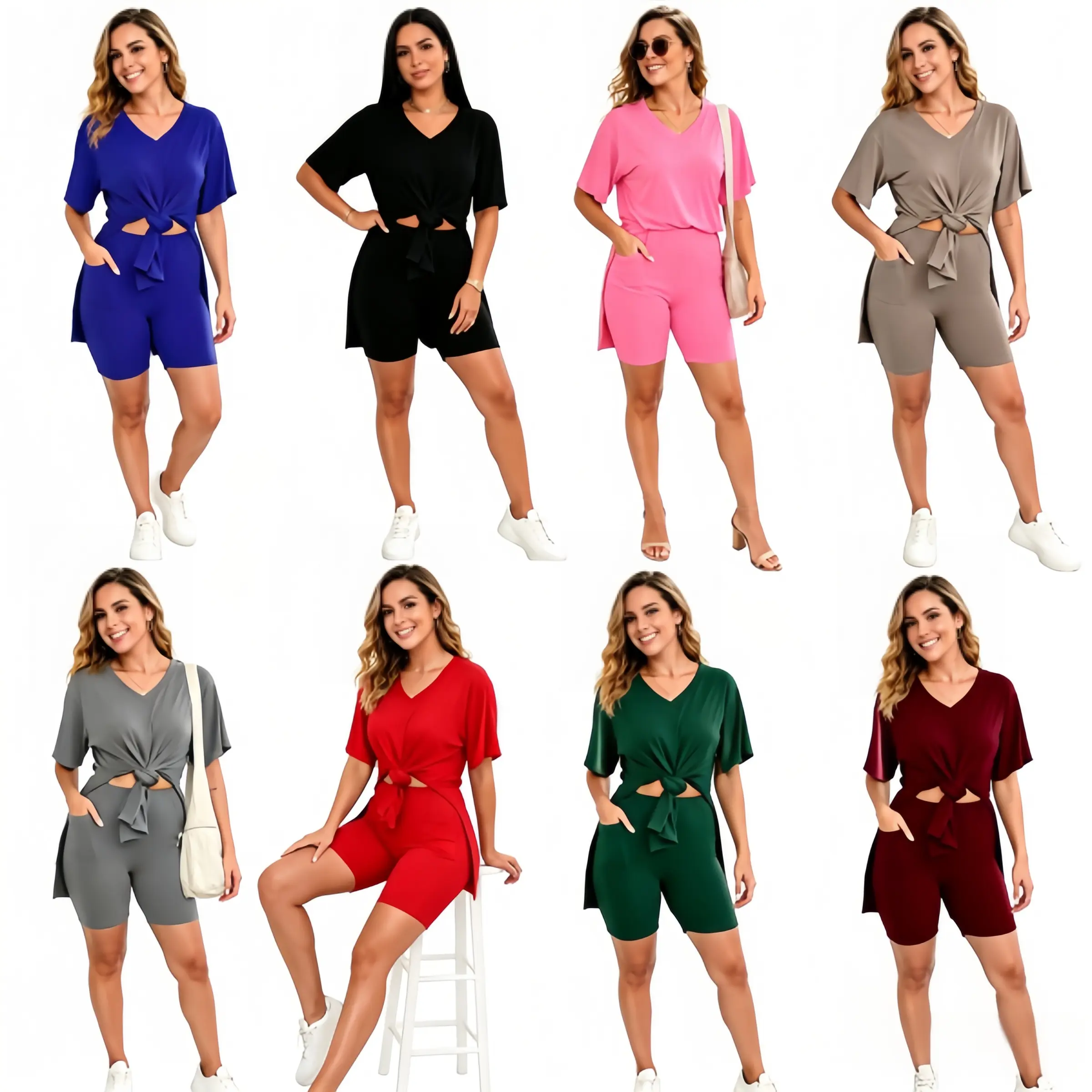 Women's 2 Piece Athleisure Set - V-Neck Side Split Tunic Top & High Waist Biker Shorts with Pocket for Lounge & Daily Wear, Woman 2 Piece Set, Athleisure Wear, Womens Fitness, Gym Baddie