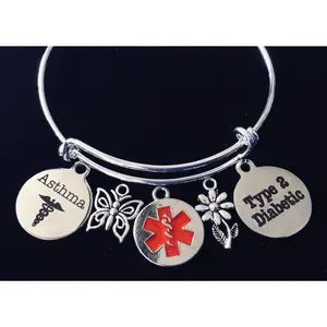 Asthma Medical Alert Type 1 Diabetic Expandable Charm Bracelet Diabetes Silver Adjustable Bangle Gift