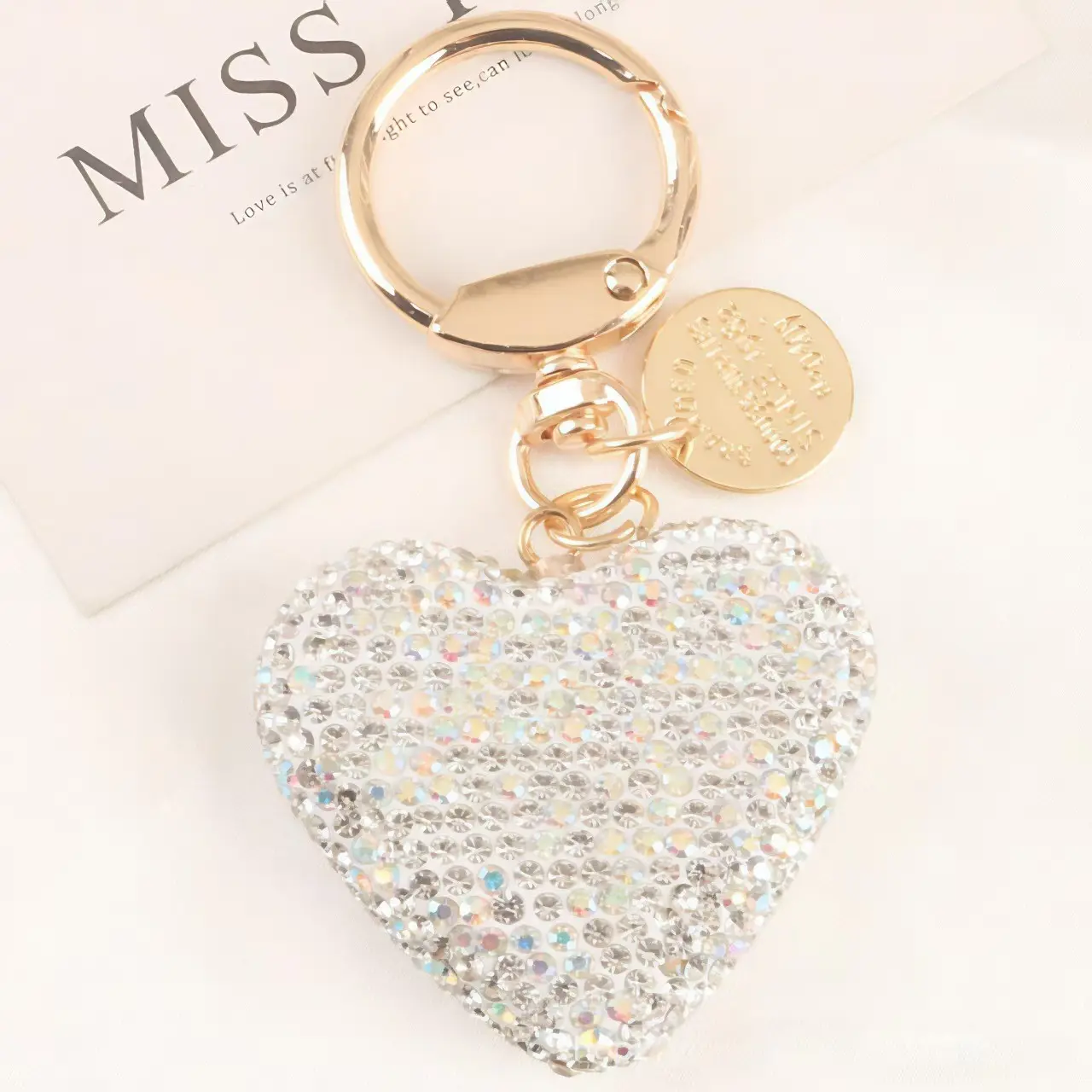 Heart-Shaped Rhinestone Keychain for Car Keys, Cute Bling Sparkle Key Holder, Wood Embossed Letter Design, Multi-Color Options, Suitable for Women 25-55, Gift Keychain, Bling Bling Keychains