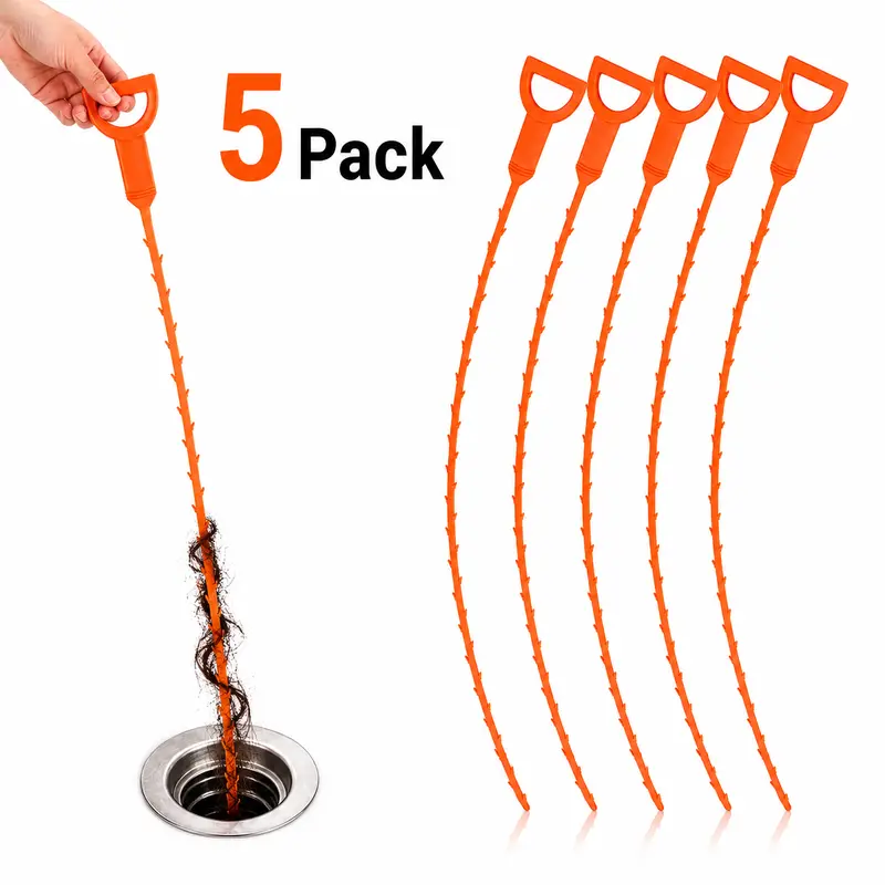 5 Flexible Drain Cleaning Tools with Barbed Hair-Grab Hook, 20-Inch Reusable Plumbing Accessory for Household Maintenance, Grip Handle for Kitchen Sinks & Bathroom Drains