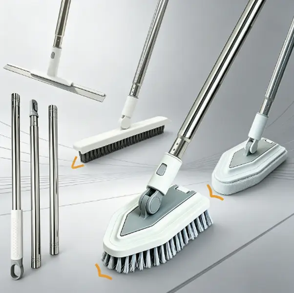 3‑in‑1 Long‑Handle Floor Scrub Brush Rotatable Cleaning Head Detachable Stainless Steel Pole Multi‑Purpose Scraper Sponge Brush For Bathroom Tile Wall Floor Deep Cleaning