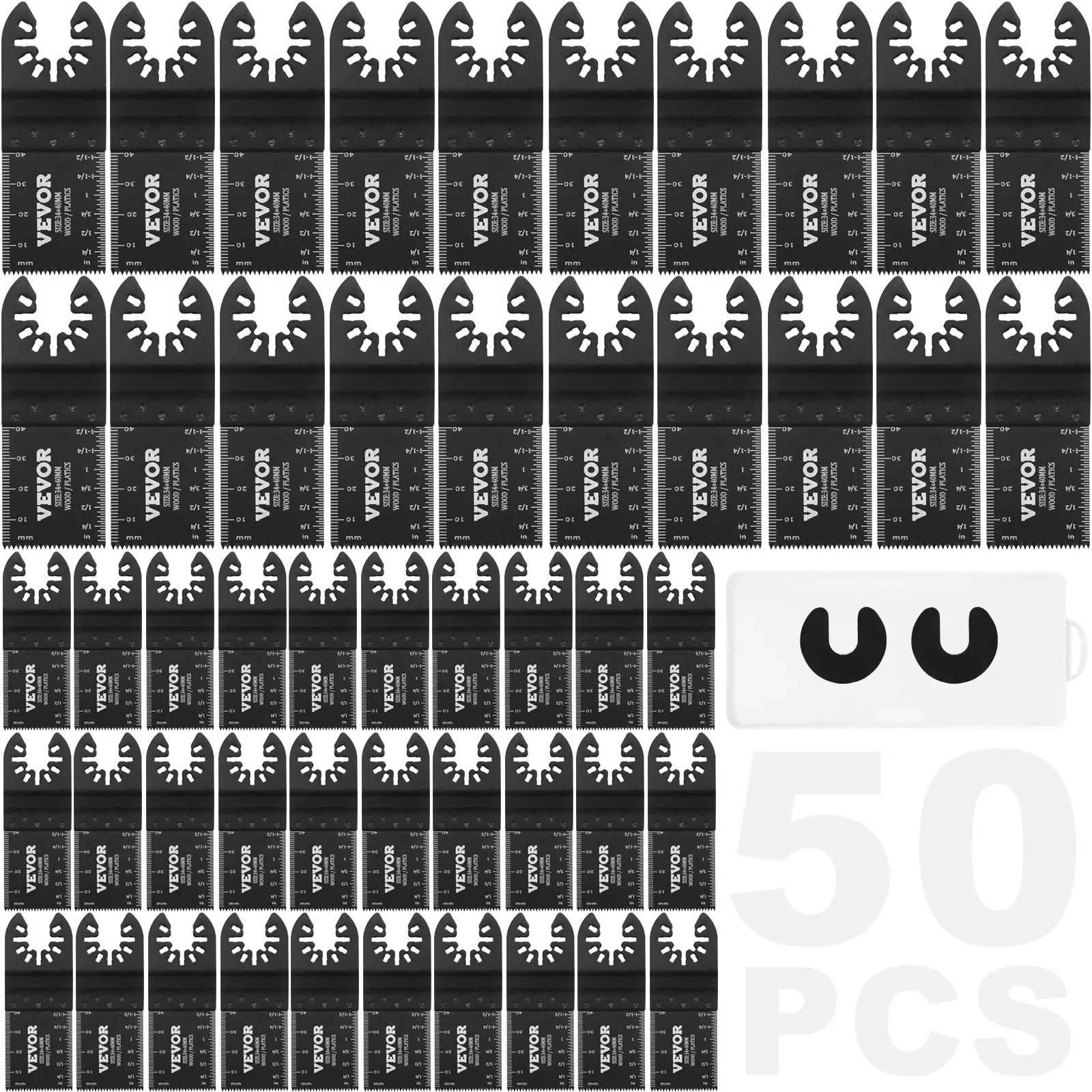 VEVOR 50 Pcs Quick-Release High-Carbon Steel Oscillating Saw Blades, 0.7mm Thickness, Universal Fit Multitool Blades with 2 Length Markings, for Cut Nail Impregnated Wood, Aluminum, Composite Boards, Compatible with Dewalt, Chicago, Craftsman