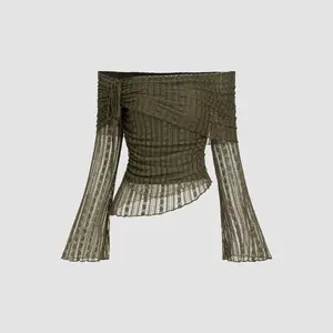 Cider Lace Off-shoulder Drawstring Asymmetrical Hem Top