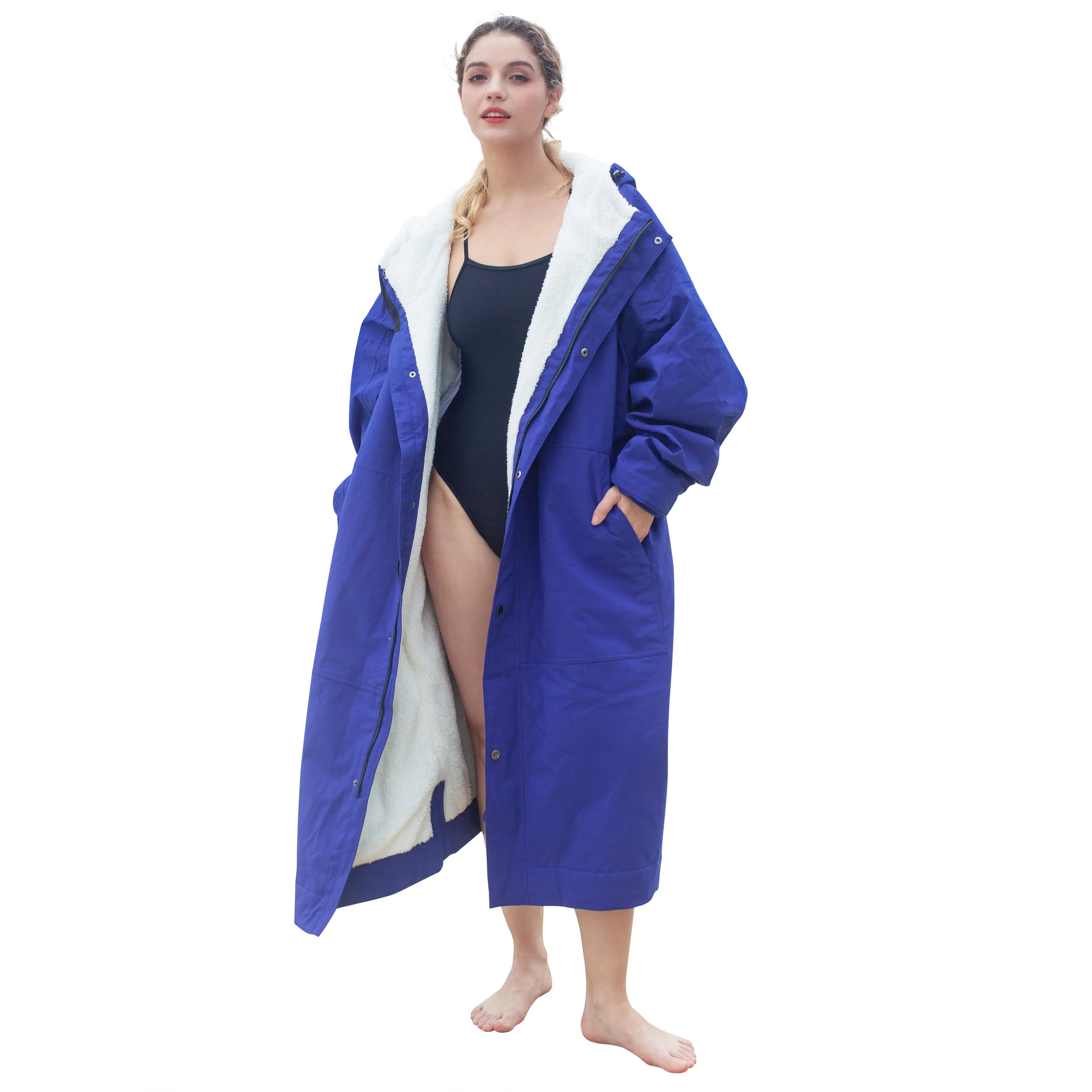 Catalonia Swim Parka Women, Waterproof Surf Coat for Men Adult, Warm Sherpa Lined Swimmer Jacket, Oversized Hooded Changing Robe