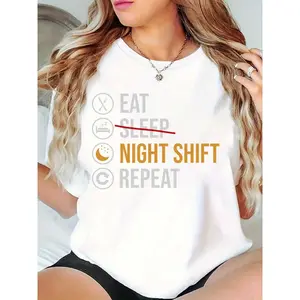Women’s White Night Shift Graphic T-Shirt | Eat Sleep (Crossed) Night Shift Repeat with Moon/Fork/Bed Icons | Casual Workwear for Nurses, Healthcare Workers, Night Shift Professionals