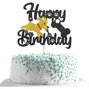 1pc Party Pack/Happy Dog Birthday Cake Flag/Dog Birthday Cake Decoration for Men's and Women's First Birthday/Pet Dog Theme Birthday Party Decoration - Sparkling Gold (Dog)