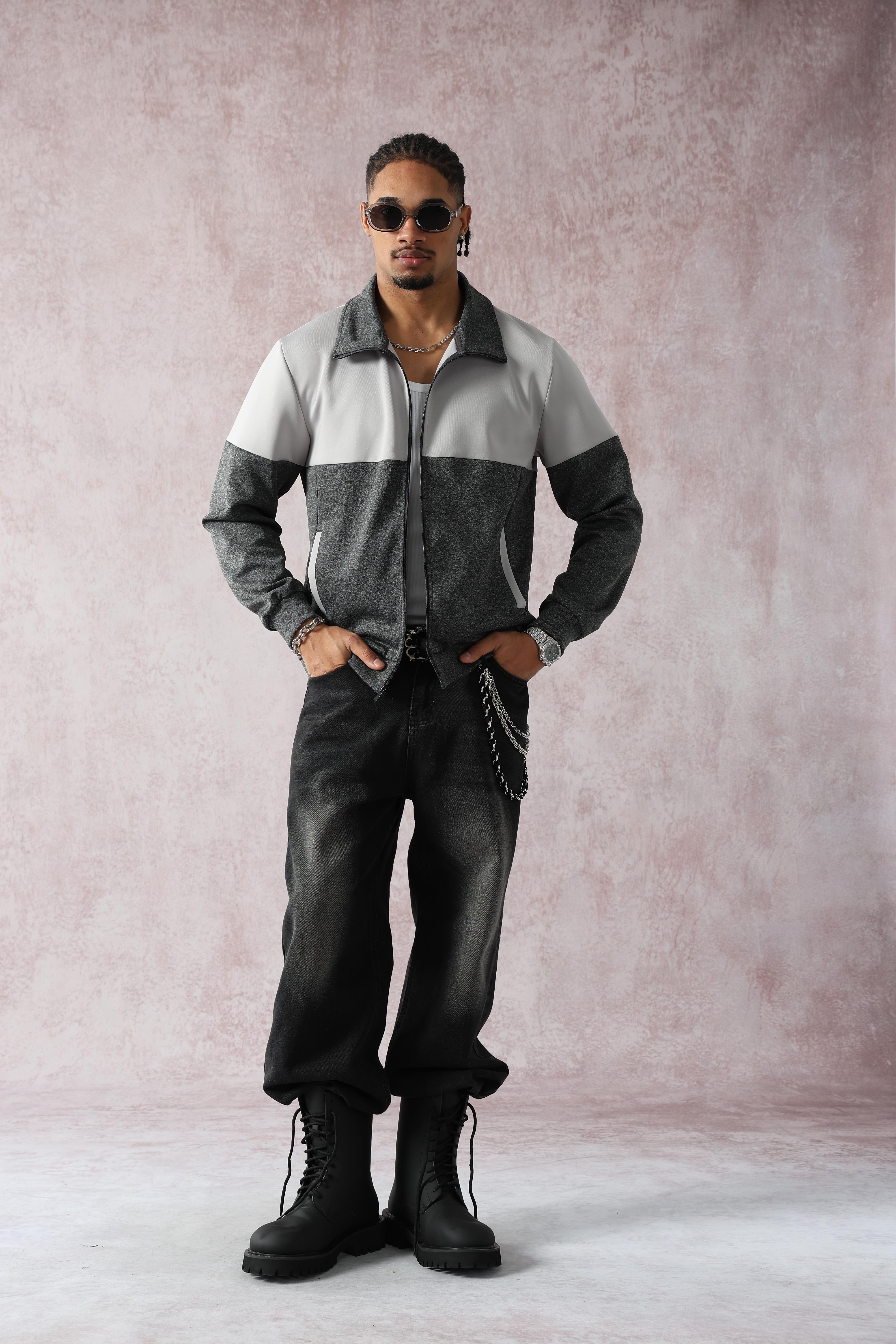 Men’s Lightweight Casual Collared Patchwork Jacket - Collegiate Style, Gray-White Contrast, Long Sleeve, Breathable Fabric, Zip-Up Closure, Side Pockets, Ultra-Versatile Fit