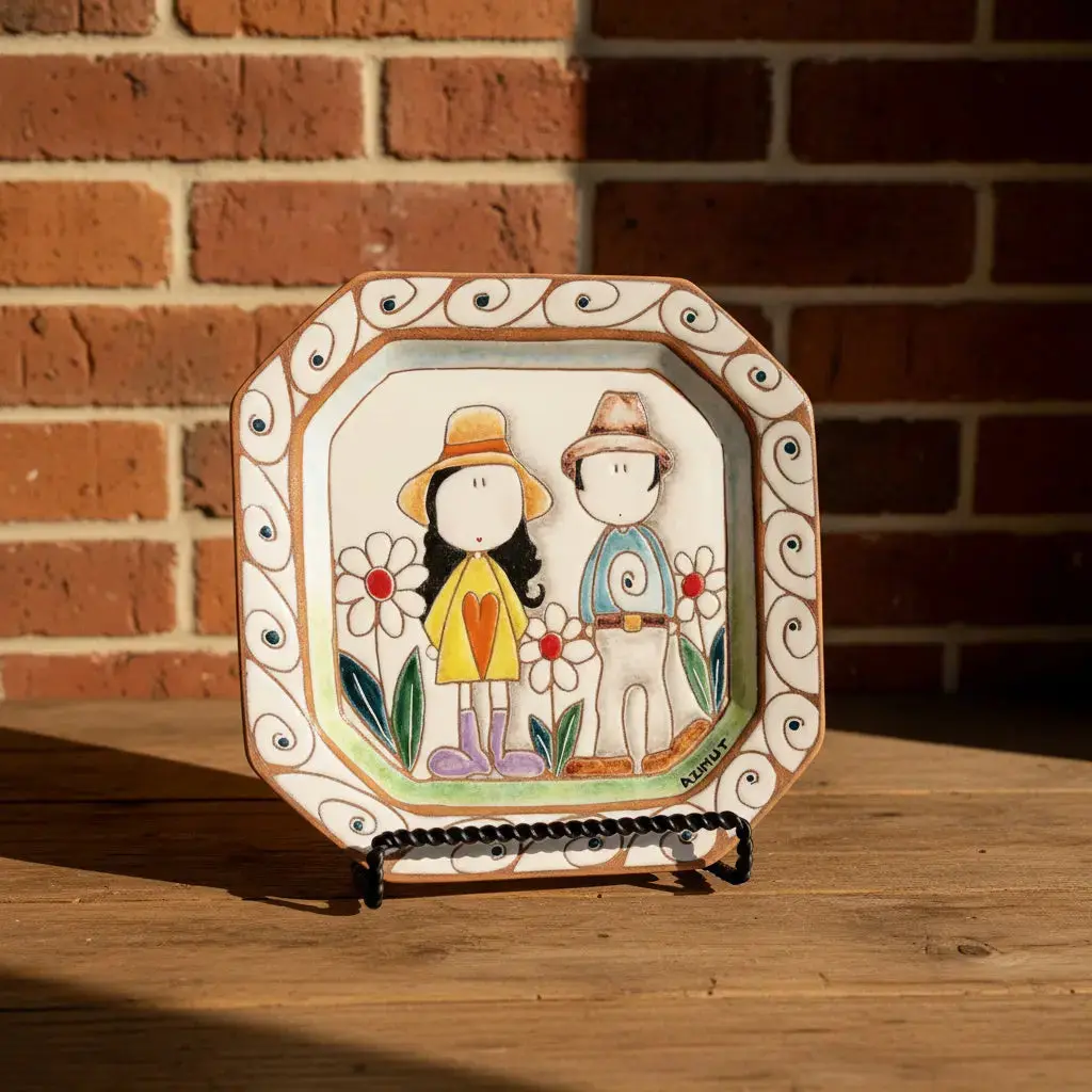 Handmade Sturdy Solid Ceramic Pottery Heart Dish - 8.75" D, 25 oz, Whimsical Octagonal Shape, Stylishly Designed Boy & Girl Pattern, Small Geometric Dot Serving Collectible for Console Tables