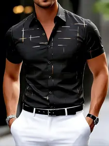 Men's Summer Gold Embroidery Shirt, Button Collared Shirt, Button Down Shirts, Casual Button Up, Business Casual Versatile, Fitted Plain Design, All Seasons Wear, Stylish and Comfortable, Menswear