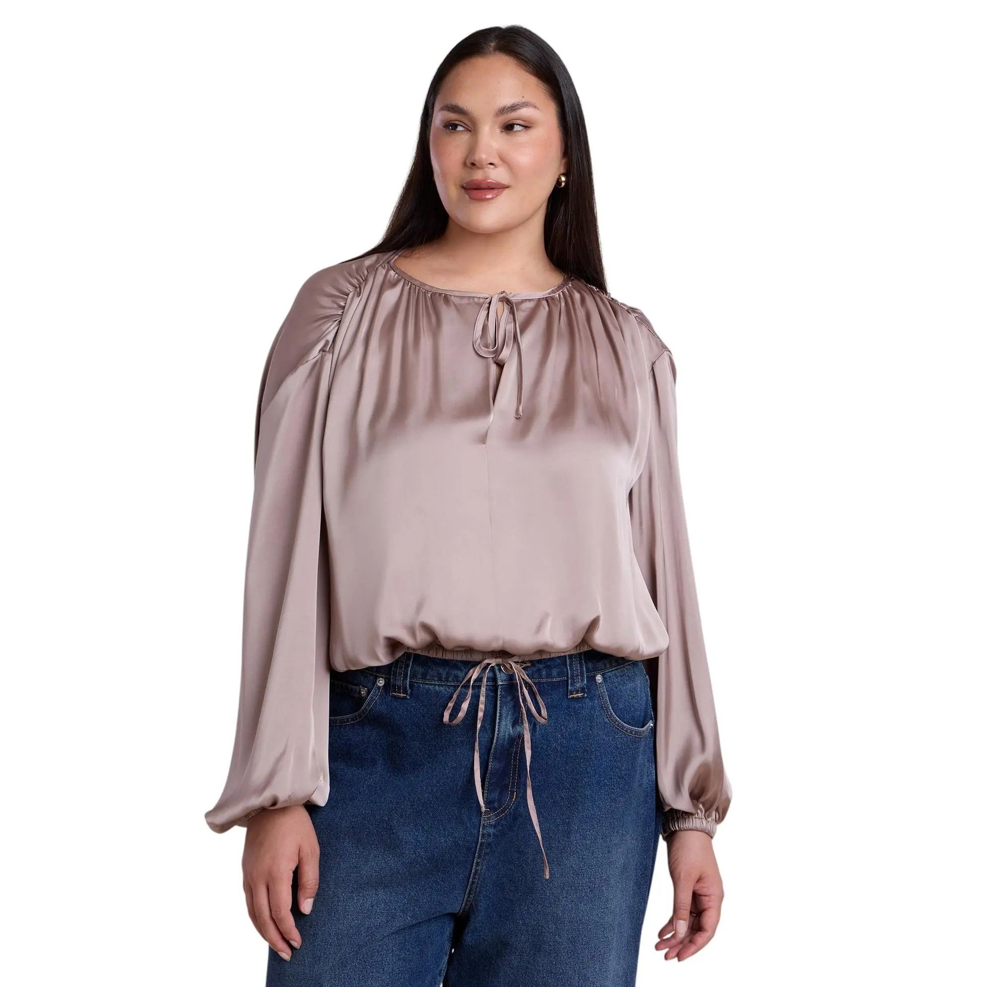 ELOQUII Women's Plus Size Satin Drawstring Peasant Blouse
