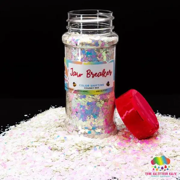 The Glitter Guy Jaw Breaker Color Shifting Chunky Glitter Jar, Polyester Hexagon Cut for Nail Art and DIY Crafts, Opaque Pearl White Shaker Bottle (64-68g), Beauty Products, Easy Cleanup, Cosmetic Use, 100Ml, Iridescent