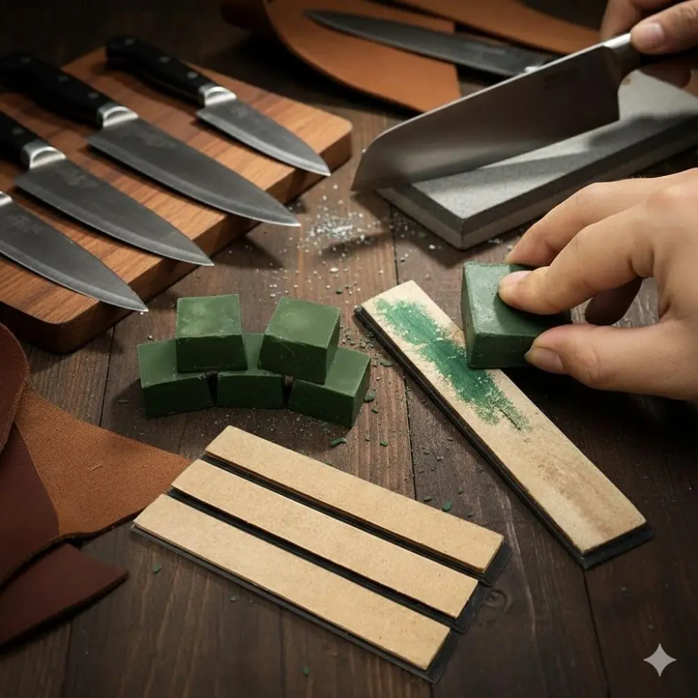 Professional Knife Sharpening Wooden Stone Kit: Dual-Side Leather Strop & Compound, High-Precision Manual Sharpener for Kitchen Knives & Outdoor Tools. Anti-Rust Durable Design with Non-Slip Grip for Efficient Blade Maintenance and Polishing.