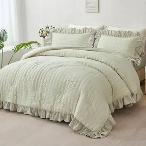 5 count  Bed Bedding Set Beige Ruffle Comforter Sets for Women Adults Seersucker Bedding Set with Ruffled Layers  Farmhouse Bed in A Bag with Sheets(Beige, )