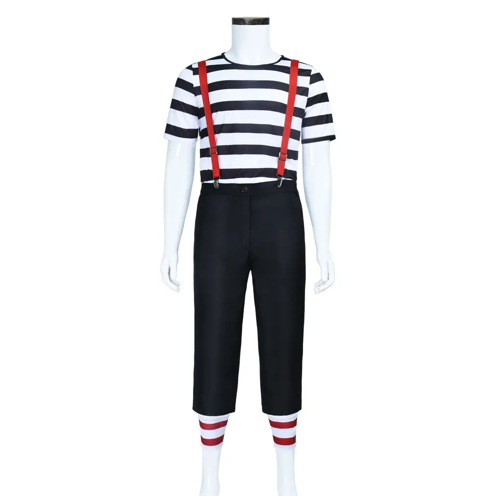 Tweedle Brother Black White Striped Top Red Suspenders Pants Cosplay Costume Set with Leggings Belt for Comic Con