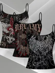 Vintage Worn Wings Heart Letter Print Straps, Y2K Gothic Dark Sweet Cool Atmosphere, Summer Slim-Fitting Three-Piece Set