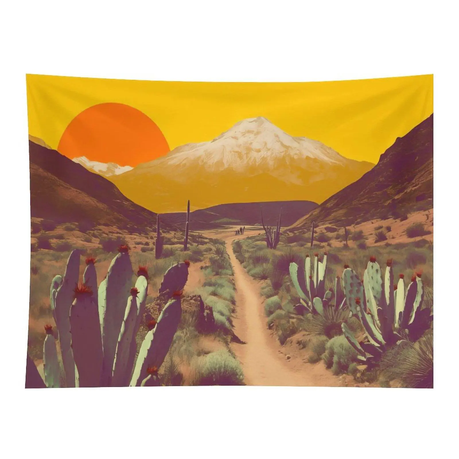 Vintage Western Wall Tapestry - Retro Desert Canyon Scene Wall Art with Giant Saguaro Cactus, Orange Sun, Snow Mountain, Machine Washable for Farmhouse Rustic Cabin Indoors Home Decor