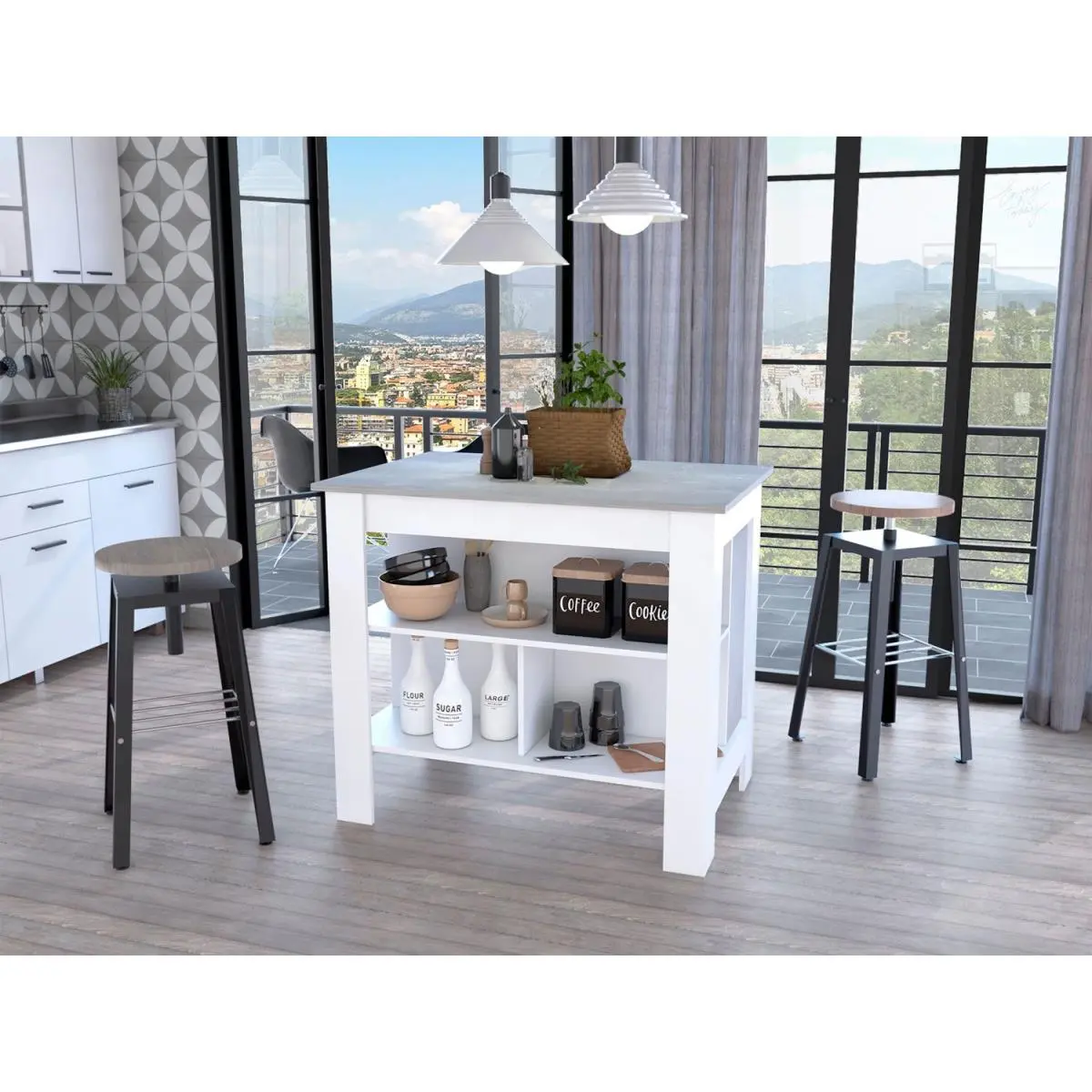 212 MAIN Marble & White Freestanding Modern Accent Cabinet Kitchen Island with 3 Storage Shelves for Indoor Use, Freestanding Cabinet