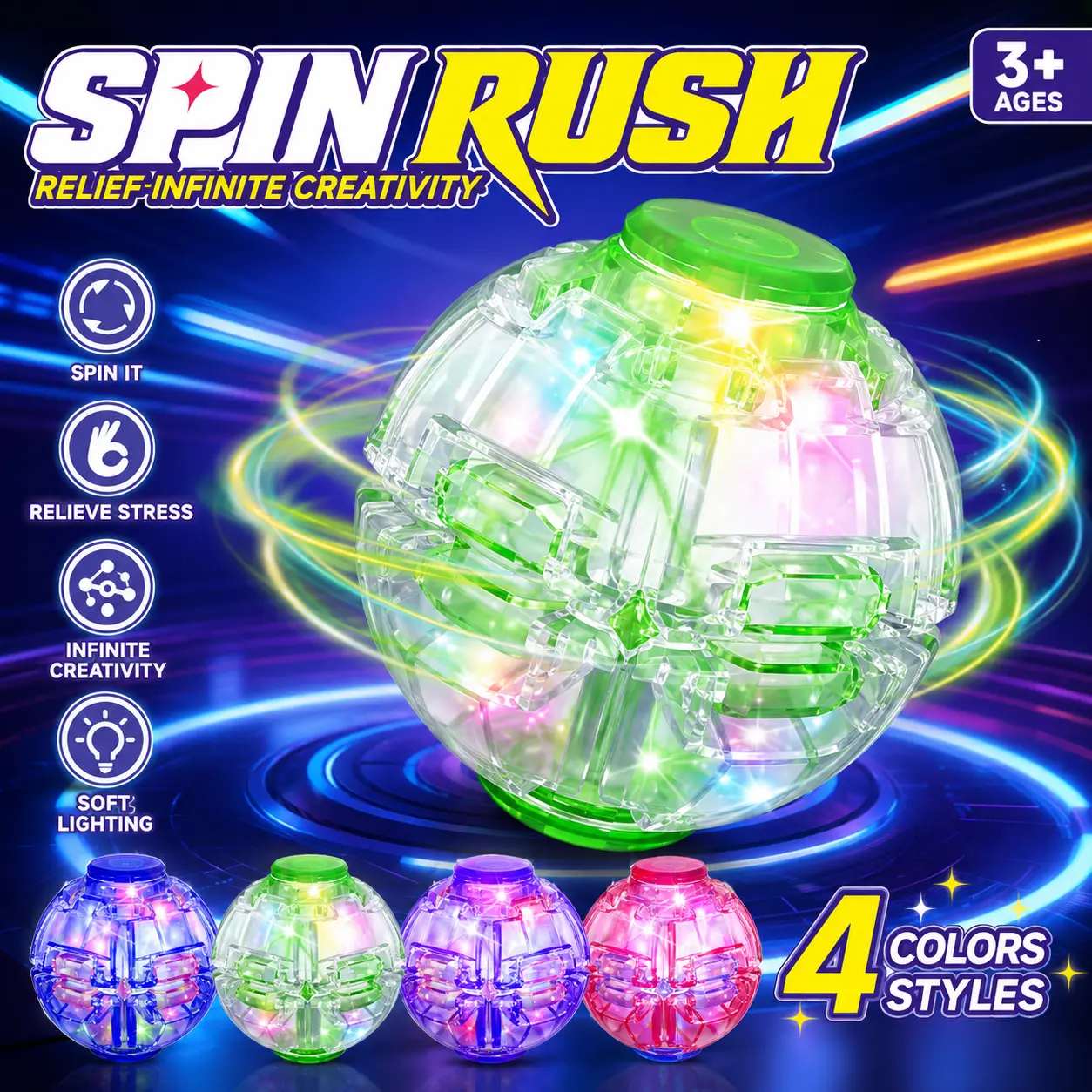Lighting Spinner Press-to-Spin Transforming Fidget Ball, Sensory Spinner Toy, Smooth Spinning Stress Relief Desk Toy, Anxiety Relief Fidget for ADHD Focus, Portable Handheld Fidget Toy for Kids, Teens & Adults