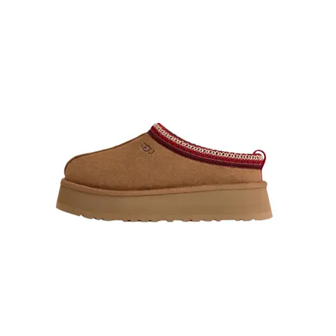 Women's UGG Tazz Style Plain Round Suede Platform Slip-On Slippers - Chestnut Ankle Footwear with 1.5" Lightweight Treadlite Sole, Embroidered Braid, Sheepskin Plush Lining for Everyday Use, Casual Wear