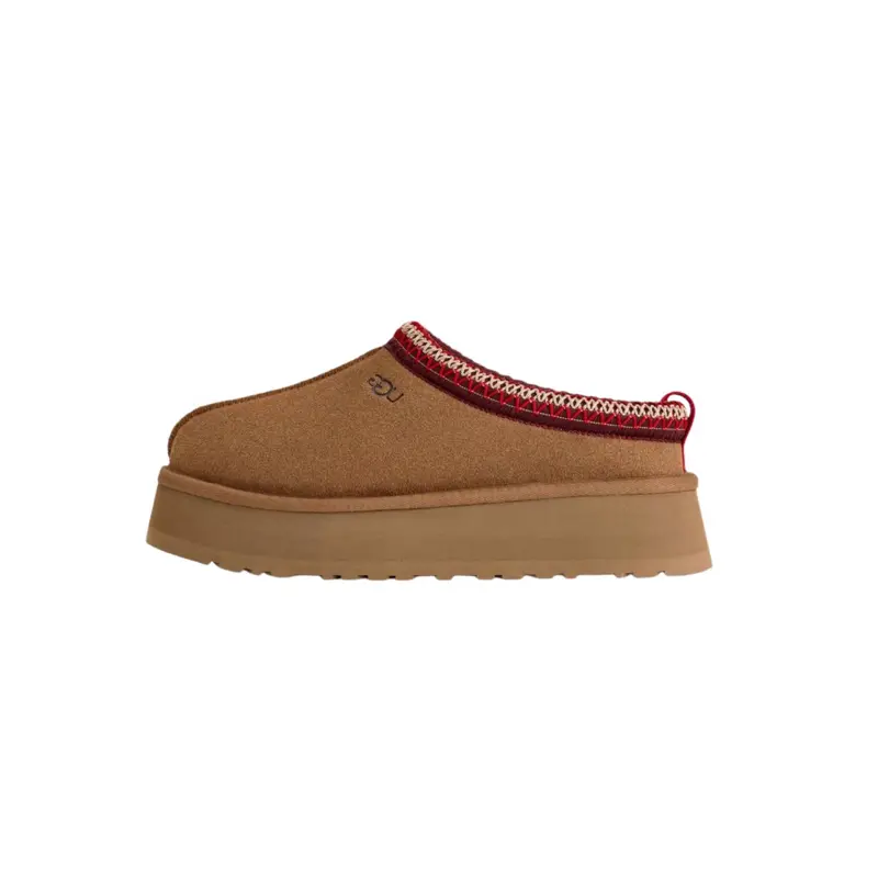 Women's UGG Tazz Style Suede Platform Slippers - Chestnut Slip-On Footwear with 1.5" Lightweight Treadlite Sole, Embroidered Braid, Sheepskin Plush Lining for Daily Wear, Casual Use, Ankle