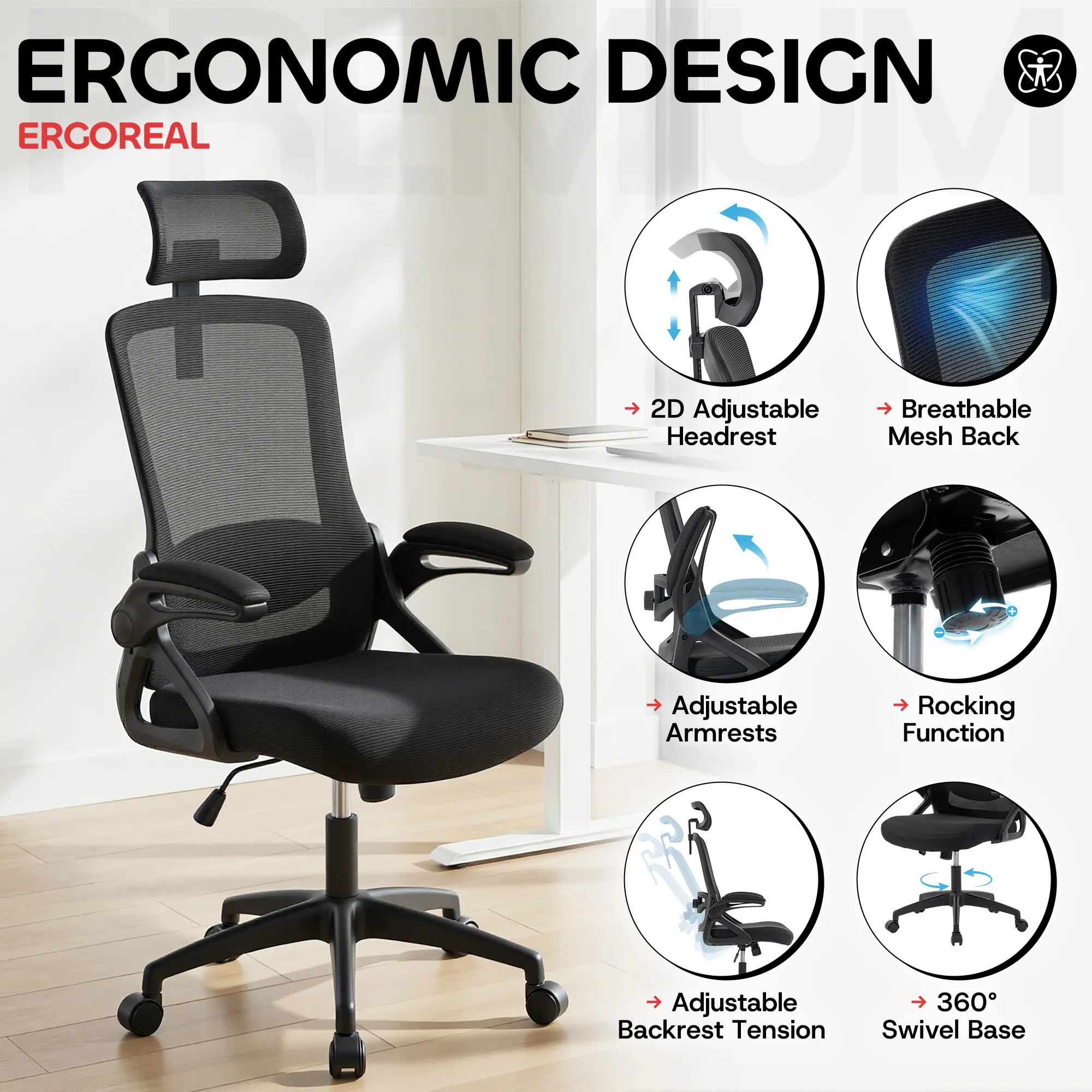 Ergoreal Ergonomic Office Chair, 400 lb Capacity, Breathable Mesh High Back with Adjustable Headrest, Lumbar Support and Space-Saving Armrests