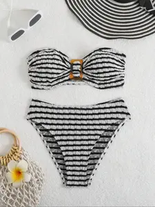 Women's Summer Beach Colorblock Sexy Halter Bikini Set, Strapless Two-Piece Swimsuit, Fashionable Swimwear for Women, Bandeau Bathing Suits