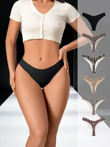 6Pcs Sexy Leopard Print Low-Waist Thongs for Women, Panties, Underwear, Fitted Plain Design, All-Season Wear, Stylish T-Shirt Style Bottoms