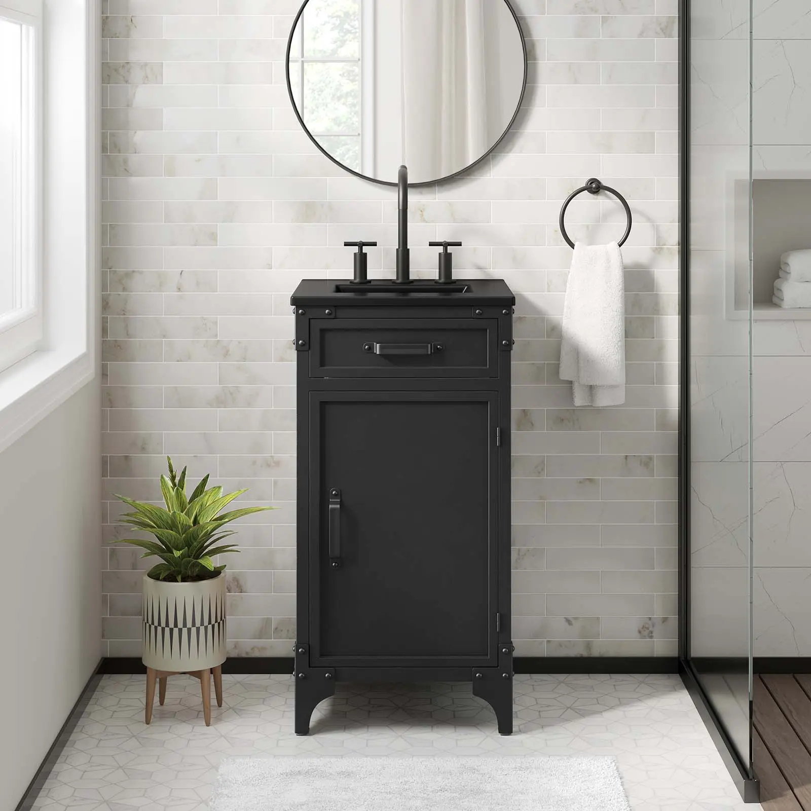 Modway Steamforge 18" Black Bathroom Vanity, Stylish Design, Freestanding Storage Cabinet with Furniture Drawer, Fixed Drawer, Home Improvement Bathroom Fixtures Vanities Set, Floor Protection, Industrial Modern