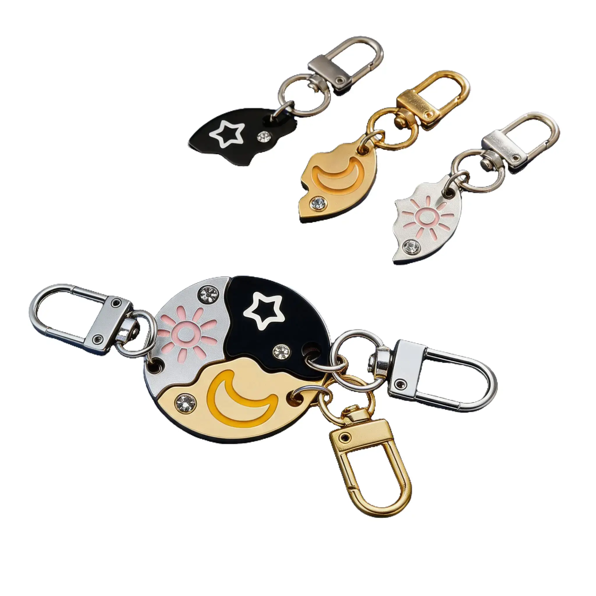 3-Piece Set Simple Circular Pendant Keychains Multipack - Cute Plain Round Crystal Star, Moon, Sun Pendants, Thoughtful Friendship Gift for Eternal Friends, Gifts, Unisex