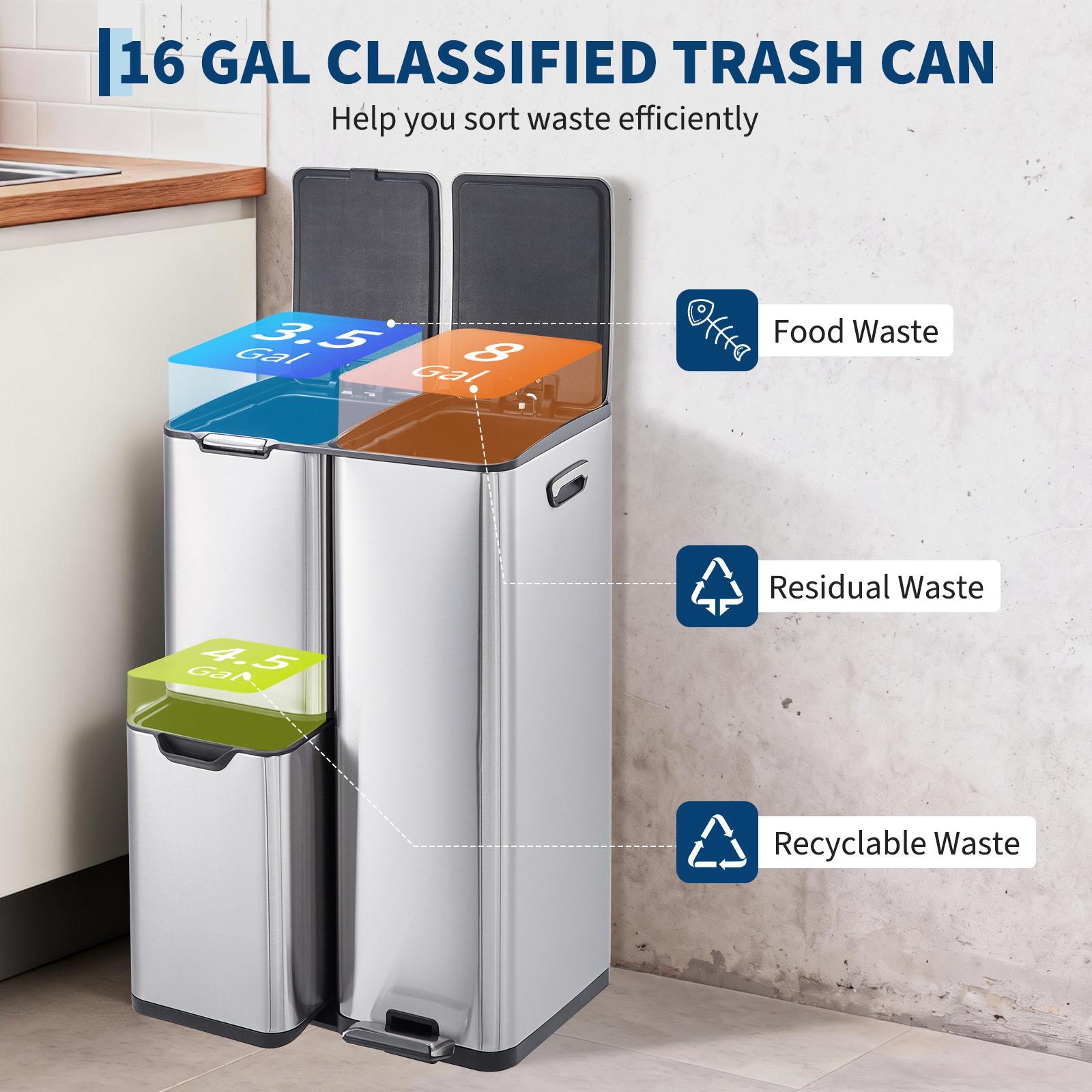 16-Gal Triple-Compartment Stainless Steel Recycling Trash Can with Hands-Free Foot Pedal, Lid, Removable Inner Plastic Buckets, Slide Feature, Large Waste Separator for Kitchen & Office