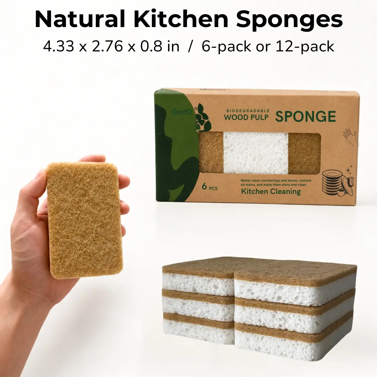 Natural Kitchen Sponges - Double-Sided Wood Pulp & Sisal Scrubbing Sponges, Non-Scratch for Dishes, Pans, Sinks, 6-Pack or 12-Pack Home Care Cleaning Pads