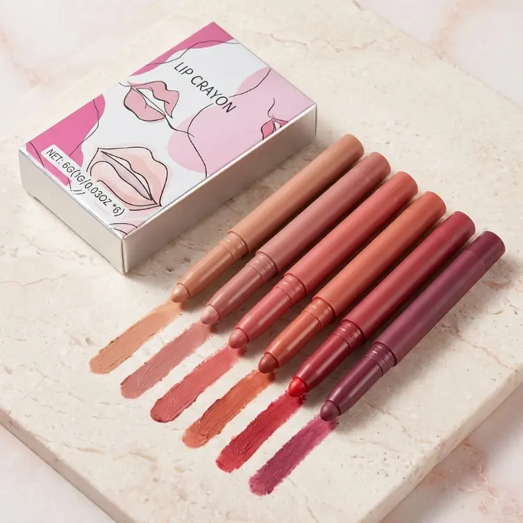 6 Pcs Matte Lip Crayon Set – Long Lasting Velvet Lip Liner & Matte Lipstick Pencil Set, Waterproof Velvet Matte Lip Stain Crayon, Highly Pigmented Nude & Red Lip Makeup Gift Set for Women