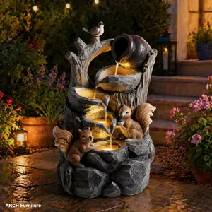 Resin Arch Squirrel Outdoor Water Fountain with LED Lights, Cascading Flow, Playful Charm, Tree Stump Pouring Jug, Decorative Garden Sculpture for Patio, Backyard