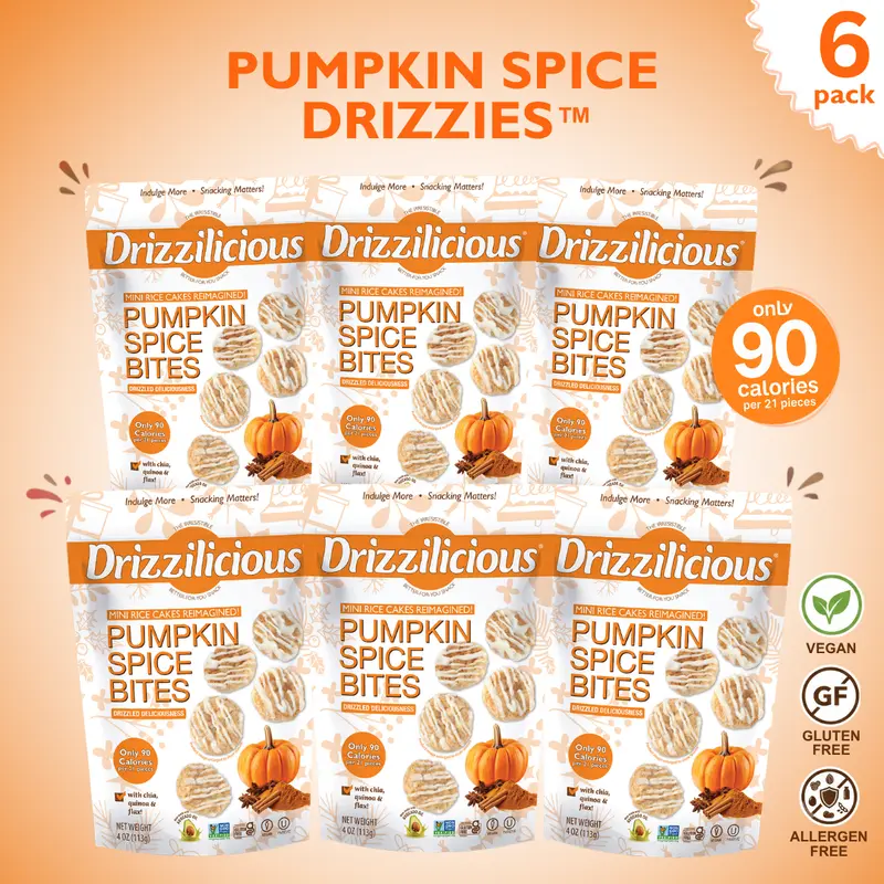 NEW! 6 Pack Drizzilicious Pumpkin Spice Mini Rice Cakes For Halloween - 4oz Bags