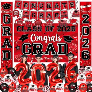 Graduation Decorations Class of 2026 - Red Graduation Party Supplies with Congrats Grad Backdrop & Banner, Hanging Swirls, Porch Sign, Balloons for High School & College Celebrations