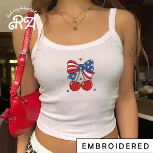 Embroidered 4th of July Coquette Cherry Tank Top, American Tank Top, Patriotic Spaghetti Strap Tank, Custom Logo Y2K Cami Crop Top