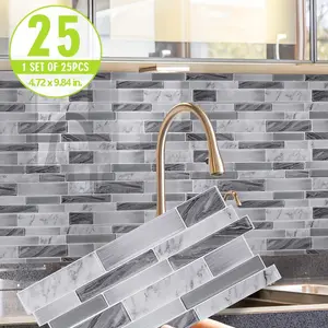 25PCs Marble Pattern 3D Crystal Vinyl Sticker, Self-Adhesive Moisture-Proof Kitchen Back Wall, Building Theme Irregular Shape Art Printing, Indoor Wall Decoration, for Kitchen and Bathroom, 9.84X4.72 Inches