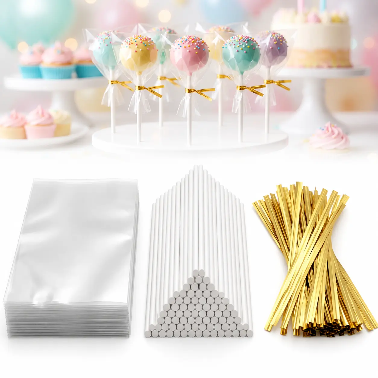 300 PCS Cake Pop Sticks and Wrappers Kit, Including 100ct 6-inch Paper Lollipop Sticks, 100ct Clear Candy Treat Bags Parcel, 100ct Gold Twist Ties for Cakepop, Lollipop, Hard Candy, Chocolate