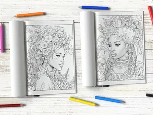 Black Beauties Fantasy Coloring Book for Black Women: 50 Portraits of Black and Brown Ladies in Nature with Flowers Hand Drawn Artwork Watercolor Floral Design