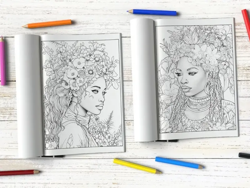 Black Beauties Fantasy Coloring Book for Black Women: 50 Portraits of Black and Brown Ladies in Nature with Flowers Hand Drawn Artwork Watercolor Floral Design