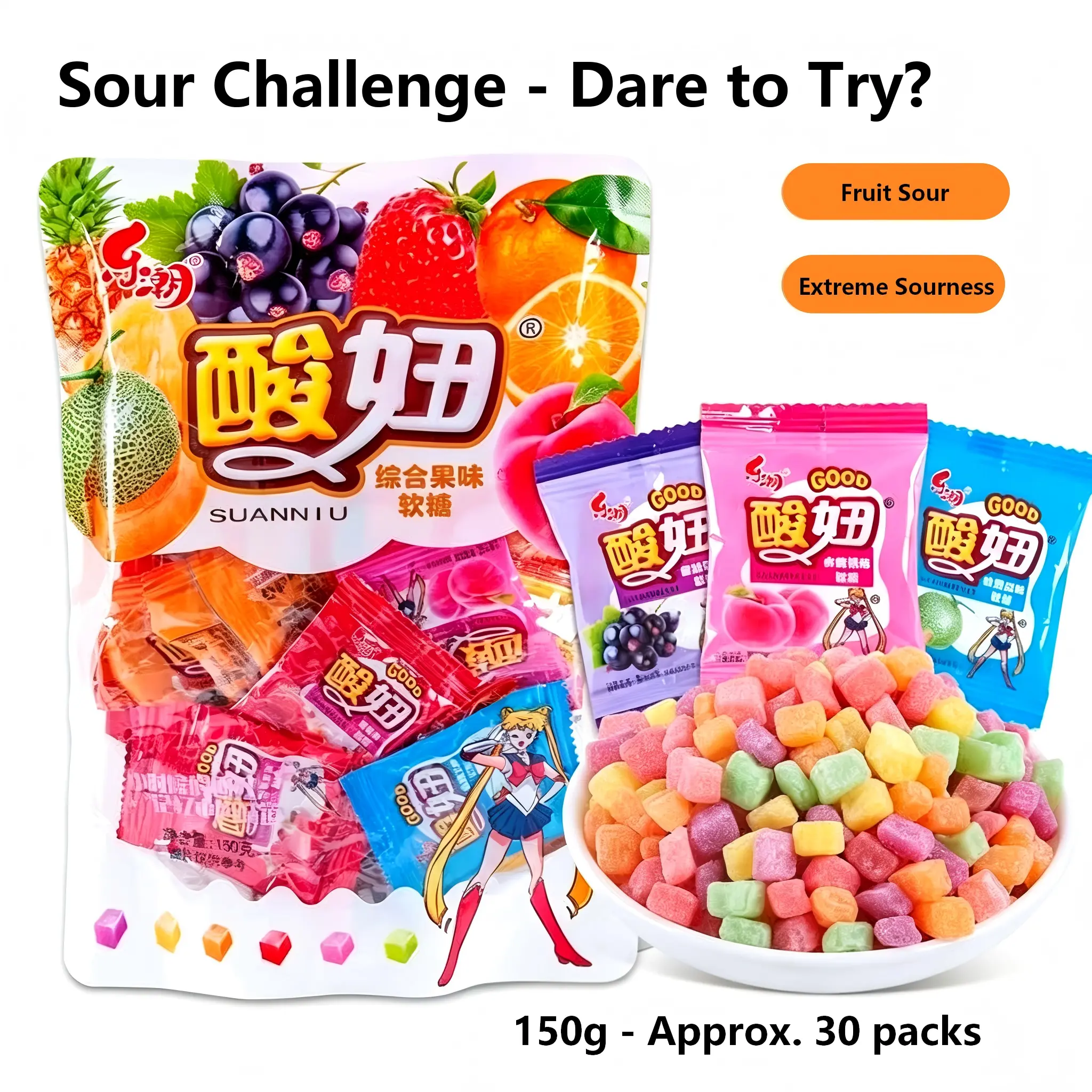 Sour Fruit Candy (150g / 30 packs) – Individually wrapped – Extreme sourness challenge – Retro-style treat.