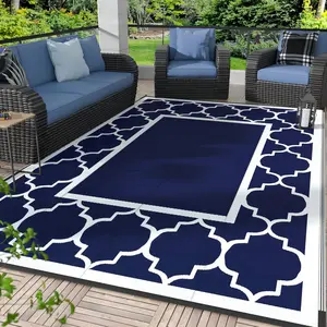 6' x 8' Moroccan Geometric Outdoor Area Rug, Velvet Chenille Top with Silicone Non‑Slip Backing, Waterproof Washable Foldable Indoor Outdoor Decorative Floor Carpet for Patio RV Camper Deck Porch Beach Balcony, Navy Blue & White