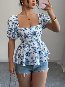 Women's French Vintage Ditsy Floral Bubble Sleeve Top, Square Neck Waist Cinching Hem Design, Summer Slimming Short Shirt
