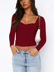Women's Solid Color French Square-Neck Long Sleeve Fitted T-Shirt, a Versatile and Stylish Lady Womenswear Top for Autumn/Winter.