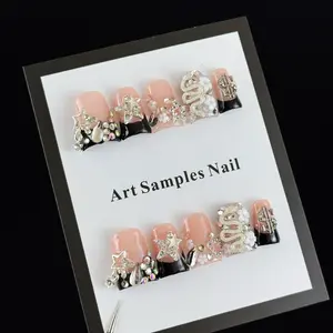 10pcs high-end Sweet and cool style, hand-painted three-dimensional five-pointed star, dazzling with embedded diamonds handmade fake nails, Nail stickers suitable for music festivals, concerts, bar parties, and Easter events, Unique