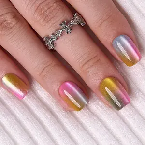 CurvLife Pastel Rainbow Glow Press-On Nails | 24pcs Short Square Shimmer Gradient | Jelly Sheer Multicolor Ombre, Soft Comfortable Fit, Easy 5-Minute Application, Durable & Reusable with Adhesive Tabs & Nail File