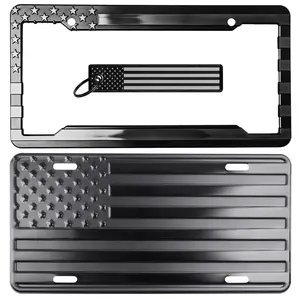 Flag License Plate, Frame, and Key Tag Combo Black-on-Matte Black