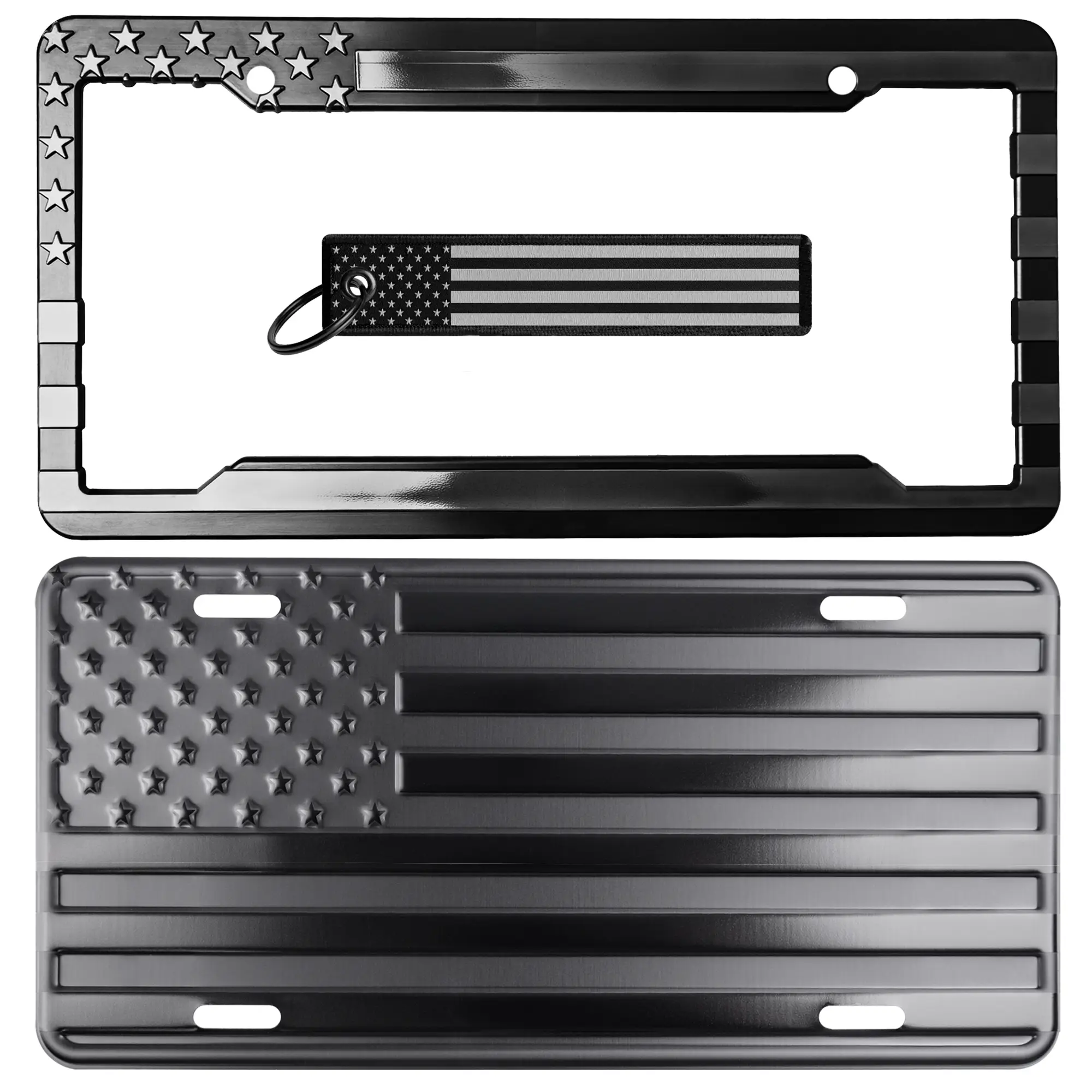 American Flag License Plate, Frame, and Key Tag Combo Black-on-Matte Black